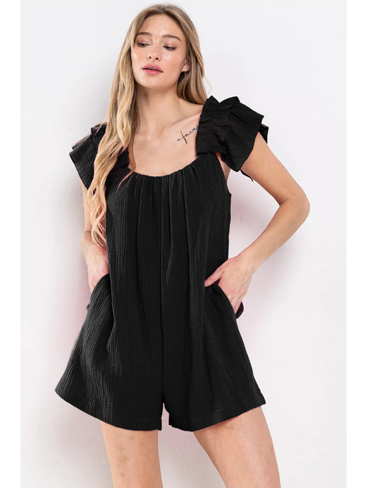 Ruffle Sleeve Romper - Black