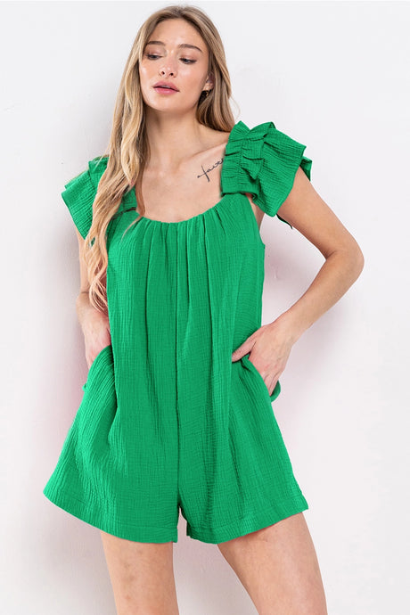 Ruffle Sleeved Romper - Green